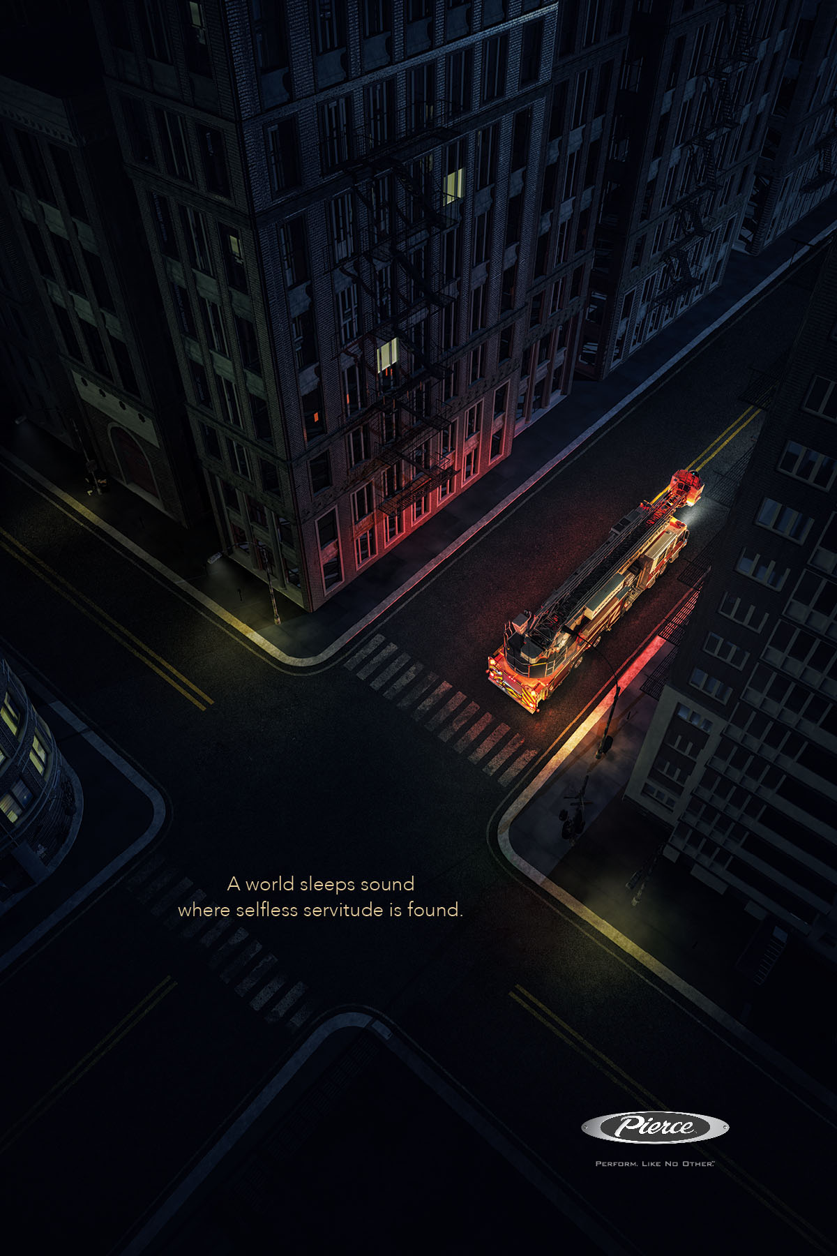 an overhead view of a firetruck driving through a city at night surrounded by tall buildings