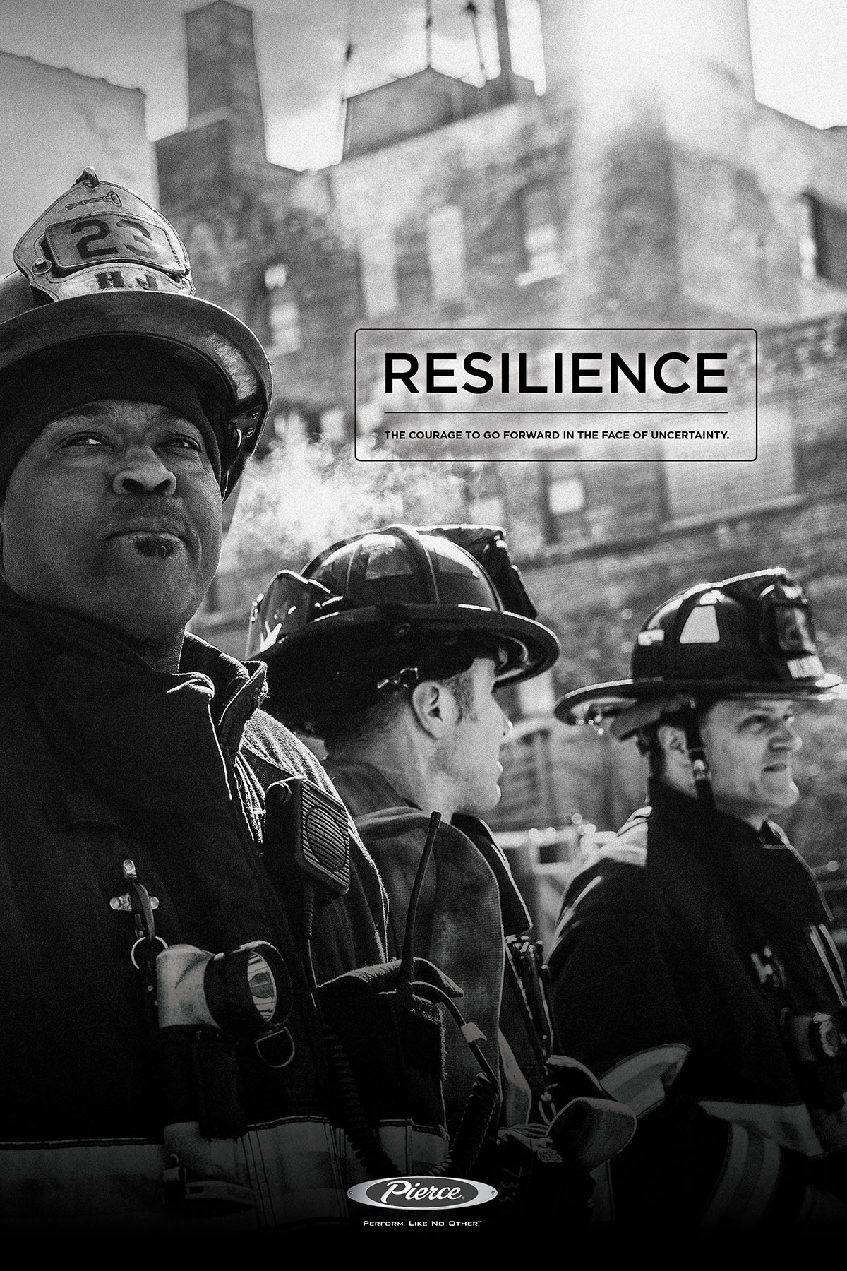 a closeup of three firefighters wearing their helmets and jackets with the headline "Resilience"