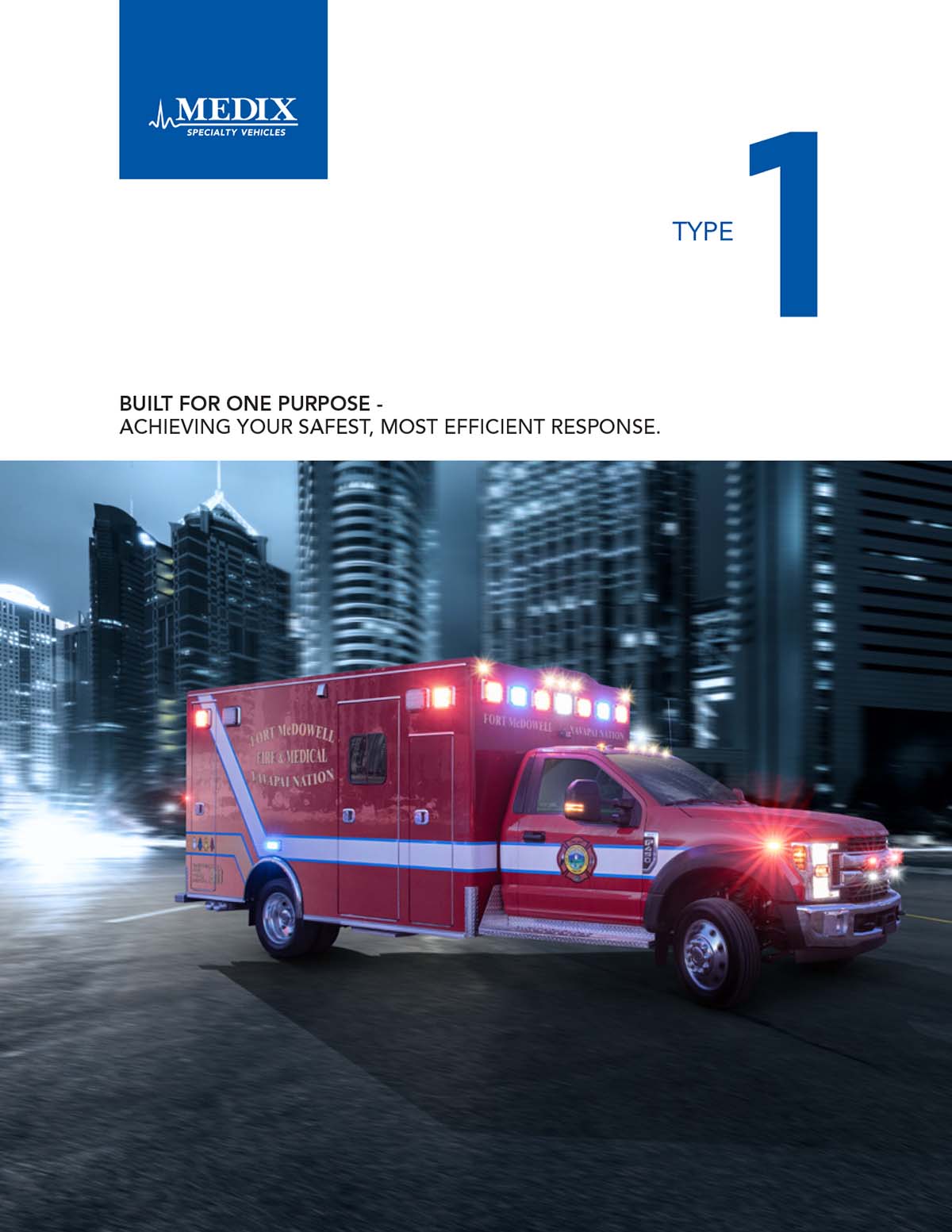 A red Medix Type 1 ambulance with all of the lights on or flashing while it turns a corner driving in a city with large buildings all around